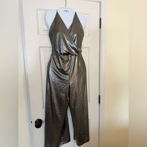 Zara Woman Metallic Silver Open Back Wide Leg Jumpsuit Small
